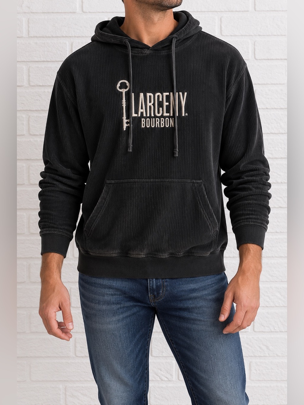 Larceny Bourbon Blue 84 Men’s M Corduroy Ribbed Embroidered Hoodie Black